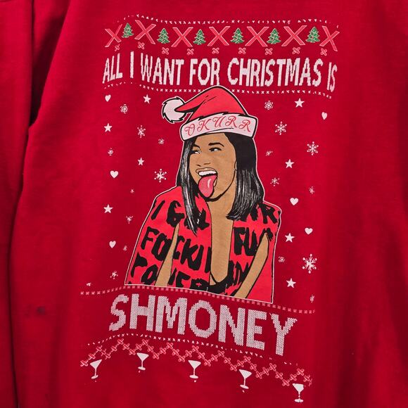 Cardi B All I Want For Christmas Is Shmoney Holiday Sweatshirt Red Size Large - Picture 5 of 9